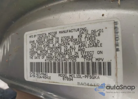 2001 Toyota Sienna Le from USA, damaged, VIN 4T3ZF13C81U407725